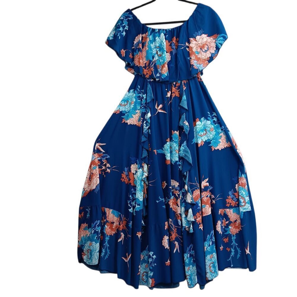 JAASE Ruffle Floral Maxi Dress Off-Shoulder Summer Beach Vacation Blue Size M
